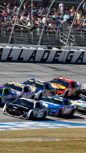 NASCAR賽車在Talladega Superspeedway比賽，觀眾在旁觀看。