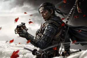 一位身穿黑色鎧甲的武士在風暴天空下飄落的紅楓葉中手持劍。 — 對馬戰鬼 GIF 壁紙