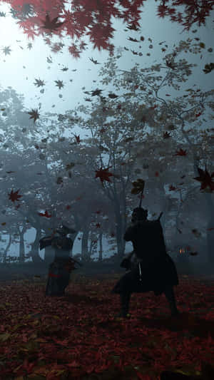迷霧森林中，兩位武士與飄落的紅楓葉。 — 對馬戰鬼 GIF 壁紙