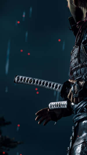 武士在雨夜中手持武士刀，伴隨紅光。 — 對馬戰鬼 GIF 壁紙