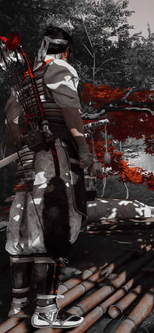 身穿盔甲的武士站在竹林中的竹子上，周圍有紅楓樹。 — 銀河A07 壁紙