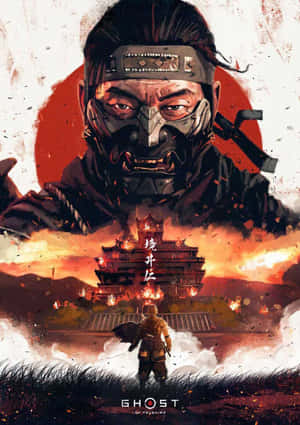一個戴著面具的武士戰士聳立在一座燃燒的城堡之上，一個孤獨的身影站在前景。 — 對馬戰鬼 GIF 壁紙