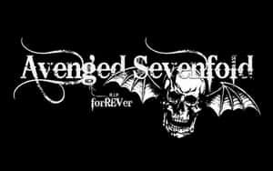 Avenged Sevenfold 樂隊標誌，黑色背景上有骷髏頭和蝙蝠翅膀。