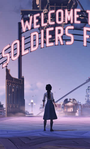 一名女子站在未來城市暮色中寫有 'Welcome to Soldiers F' 的霓虹燈標誌下。