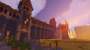 日落時分的Minecraft城堡和風車，帶有方塊石頭建築和鮮豔天空。 — 最佳 Minecraft 壁紙