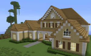 一間Minecraft風格的像素房屋，帶有發光的窗戶和草地上的樹。