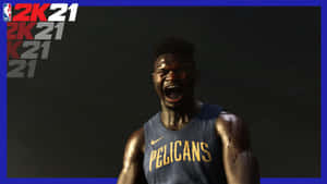在NBA 2K21遊戲中，身穿鵜鶘隊球衣的籃球運動員猛烈咆哮。 — 2560x1440 壁紙