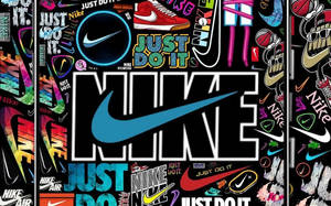 以明亮色彩展示Nike品牌標誌、運動鞋和標語的拼貼畫。