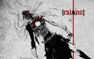 動漫角色以混亂姿勢，帶紅色標記和文字 chaos，在紋理背景上。