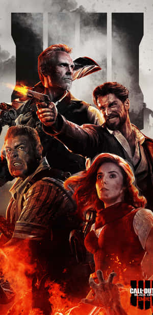 來自《Call of Duty Black Ops 4 Zombies》的熾熱戰鬥場景中的四個武裝角色。 — Galaxy S10 壁紙