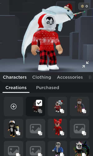 Roblox 角色穿著紅色節日毛衣和格子褲，戴著海豚帽和拐杖糖。