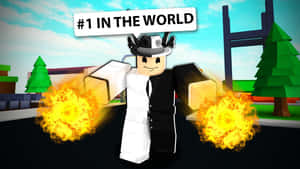 Roblox 角色穿西裝帶火焰爆炸，舉著世界第一標誌。 — 火 壁紙