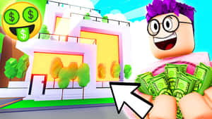 Roblox角色拿著現金，指著有美元符號的房屋。 — 錢 壁紙