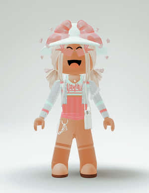 一個微笑的Roblox角色，戴著粉紅色蝴蝶結帽子和休閒服裝。