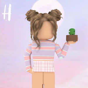 Roblox 角色在粉彩天空下，於發光的月亮下拿著仙人掌。