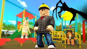 Roblox 角色在遊樂場，頭頂有巨大的蜘蛛剪影。