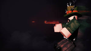 Roblox角色在黑暗煙霧環境中發射發光的紅色手槍。