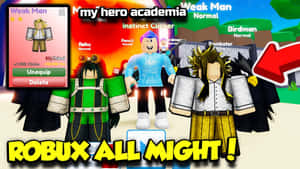 Roblox My Hero Academia 遊戲，包含角色頭像和遊戲內商店介面。 — Roblox 壁紙