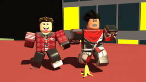 兩個 Roblox 角色，一個笑一個怒，站在紅色地板上，旁邊有香蕉皮