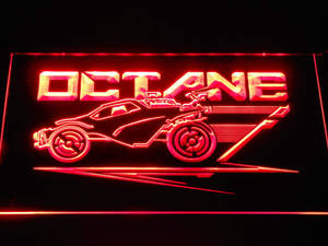 帶有 OCTANE 文字和賽車輪廓的紅色霓虹燈牌。 — 火箭聯盟 GIF 壁紙