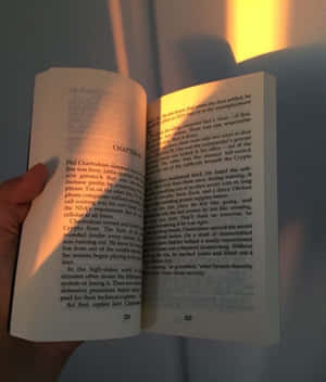 一隻手拿著一本打開的書，帶有可讀的文字和頁碼。