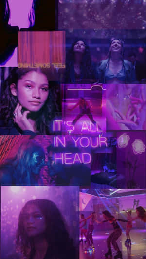 Zendaya 在紫色霓虹拼貼畫中，有跳舞場景和發光文字。 — 9:16 壁紙