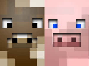 兩個像素化Minecraft風格嘅動物角色：一隻啡色狗同一隻粉紅色豬面向前面。