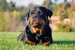 一隻羅威納犬在陽光明媚的戶外環境中，在綠色草地上休息。