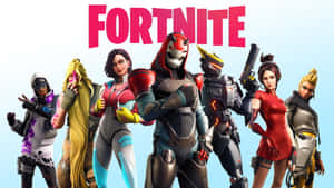 六個Fortnite遊戲角色穿著未來風格服裝，手持武器擺姿勢。