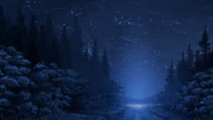 星空下雪森林小徑在夜晚通往發光村莊。