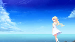 動漫女孩穿著白色連衣裙站在懸崖邊緣，俯瞰海洋，天空湛藍。