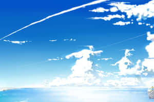 動漫風格天空，有雲和飛機尾跡，下方是海平線。
