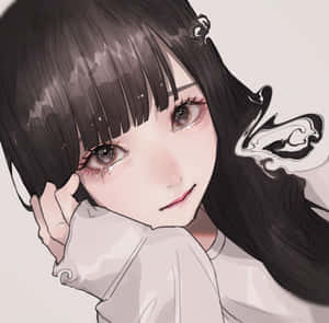 黑色長髮和淚水的動漫女孩，輕輕微笑著觸摸臉頰。 — 靚靚動畫 壁紙