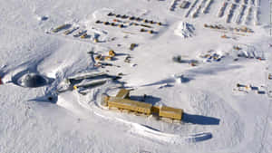 南極研究站，黃色建築物和穹頂位於白雪覆蓋的冰面上。