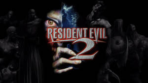 Resident Evil 2 遊戲標誌，有一個發光的眼睛和黑暗中的殭屍人物。