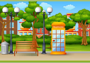 一個卡通公園，有黃色電話亭、木長凳和路燈，在藍天下。