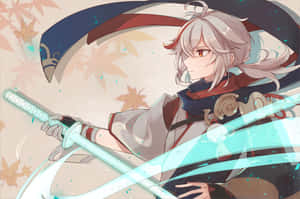 銀發動漫角色手持發光劍，被飄落的楓葉環繞。