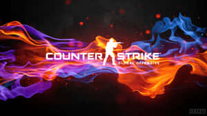Counter Strike Global Offensive 標誌，士兵剪影置身於熾熱的橙色、藍色和紫色火焰中。
