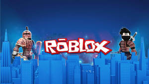 兩個 Roblox 角色在藍色城市天際線上，帶有發光的燈光和 Roblox 標誌。
