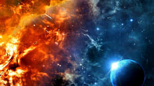 火熱的橙色星雲和藍色行星在一個充滿星星的宇宙場景中，伴有流星。