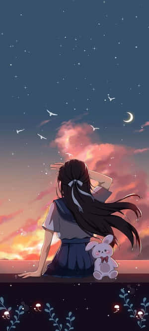 長髮女孩和毛絨兔子在黃昏時看星星和月亮。 — 可愛動漫女仔 壁紙