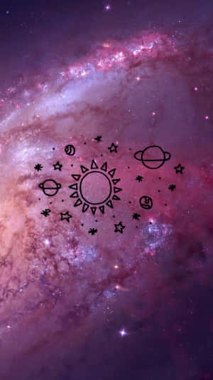 風格化的太陽和行星漂浮在色彩繽紛的宇宙星雲中。