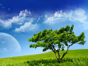 一棵孤樹在綠色的山丘上，藍天白雲，還有一顆行星。