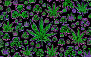 黑色背景上的螢光綠色和紫色大麻葉圖案。