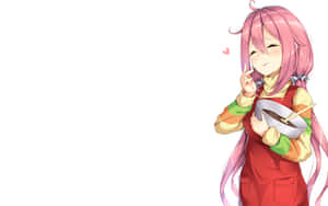粉紅色頭髮的動漫女孩拿著一碗湯微笑 — 露營 壁紙