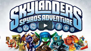 《Skylanders Spyro's Adventure》遊戲標題，下方有色彩繽紛的奇幻角色。