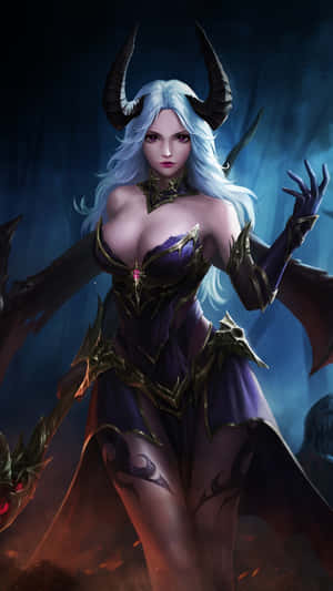 一位白髮有角的惡魔女郎，身穿黑暗奇幻盔甲。