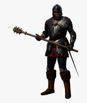 全副武裝的中世紀騎士手持長戟和匕首。