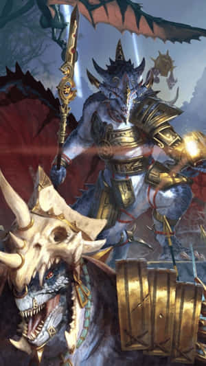 惡魔騎士騎著骷髏龍在戰鬥中揮舞發光的劍。 — 暮光 壁紙