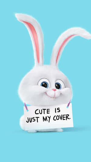 一隻卡通兔子舉著一個寫有「Cute is just my cover」的牌子。